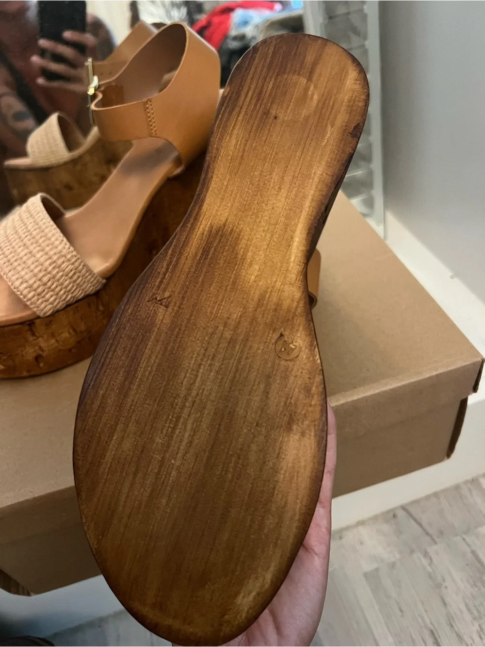 Steve Madden Tan Leather and Raffia Cork Wedge Sandal
